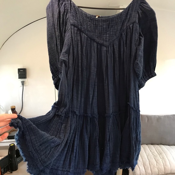 Dark Blue Free People Puff Sleeve Dress - Picture 2 of 8